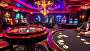 Experience the thrill of GEM WIN at a luxurious casino, featuring roulette, poker, and vibrant gaming excitement.