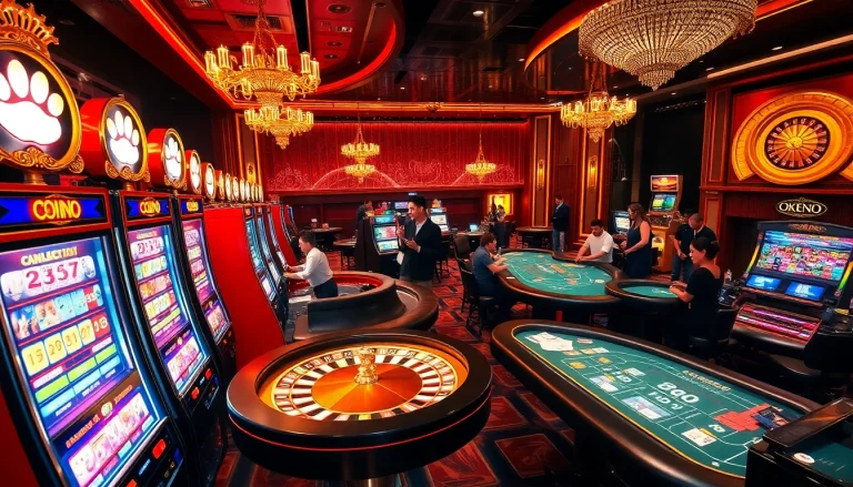 Engaging scene of gamers enjoying khuyến mãi okfun at a vibrant casino atmosphere.