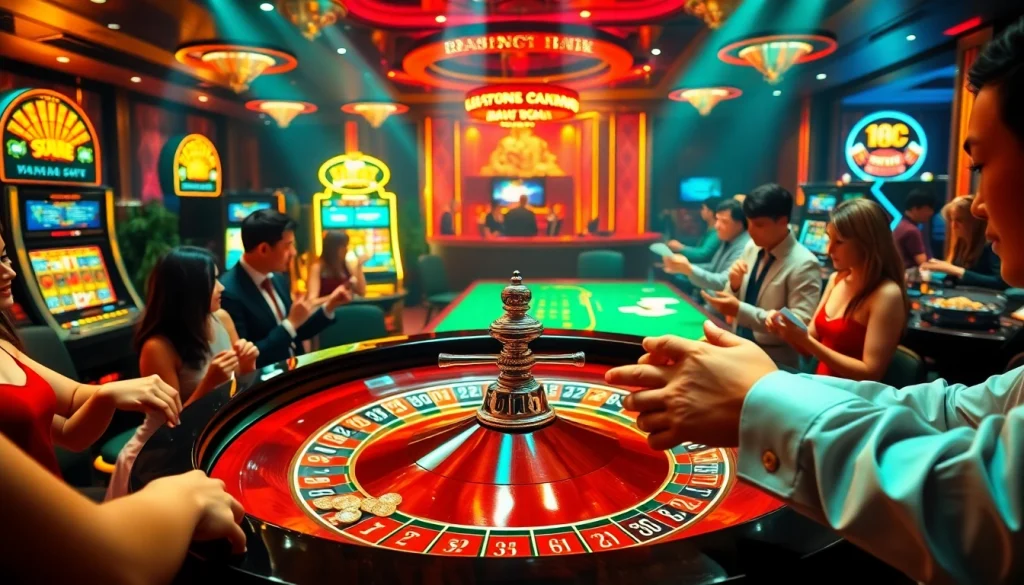 Players enjoying the excitement of casino games at the nh88 roulette table filled with vibrant colors and luxury.