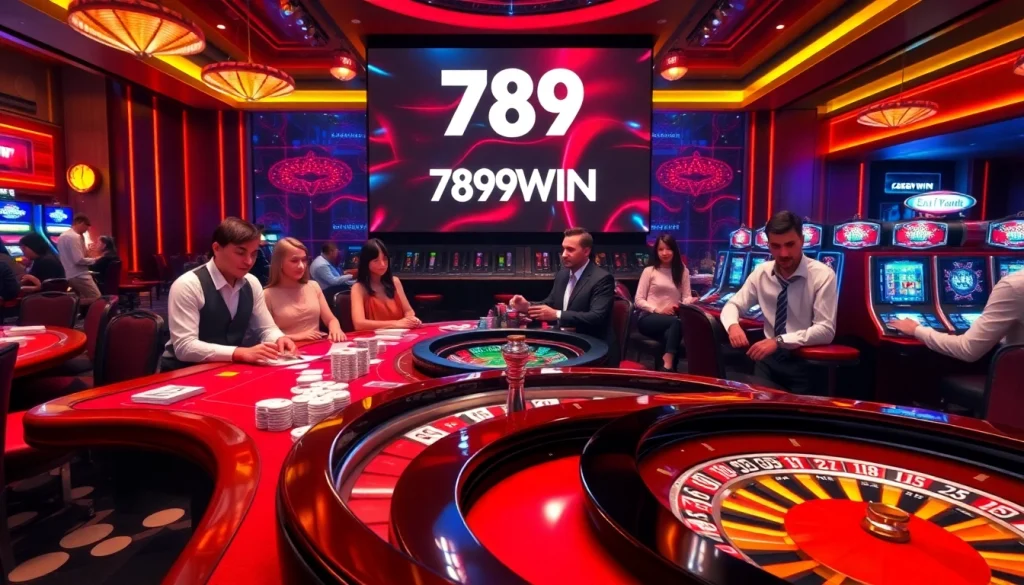 Engage with the 789WIN casino atmosphere, highlighting thrilling poker action and vibrant slot machines.