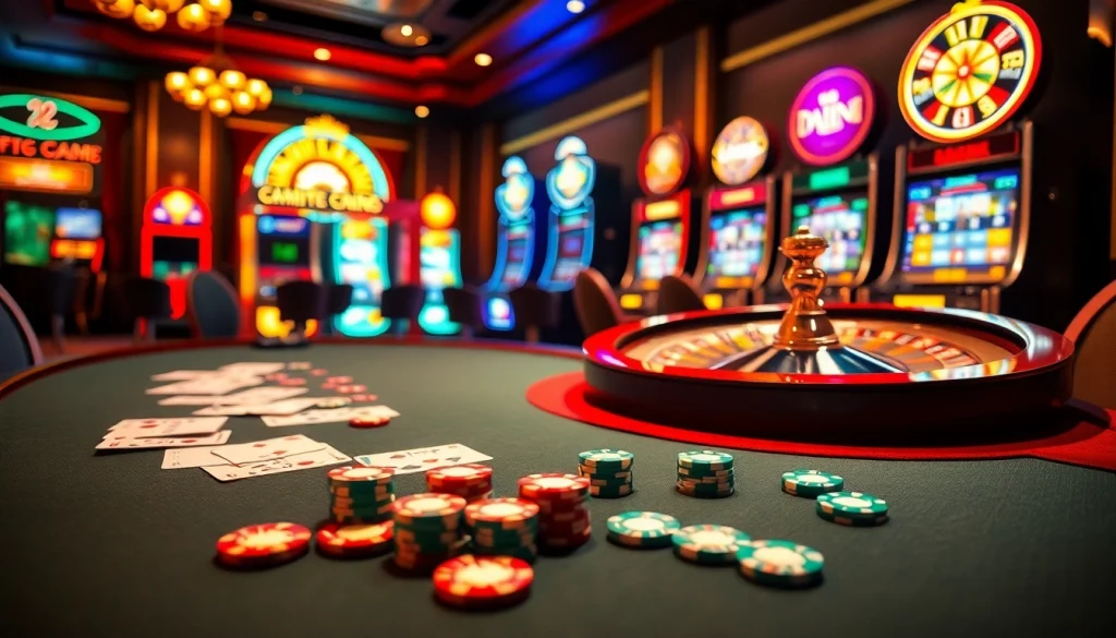 A thrilling casino scene showcasing gamebaidoithuong with poker chips, cards, and a glowing roulette wheel.