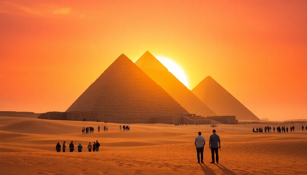 Visitors admiring the Great Pyramid of Giza at https://piraminds.com/ during a stunning sunset.