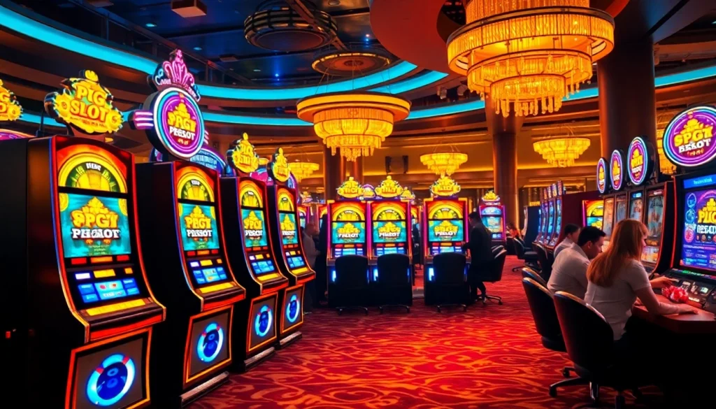 Players engaging with PGSLOT machines in a lively casino atmosphere filled with vibrant lights.