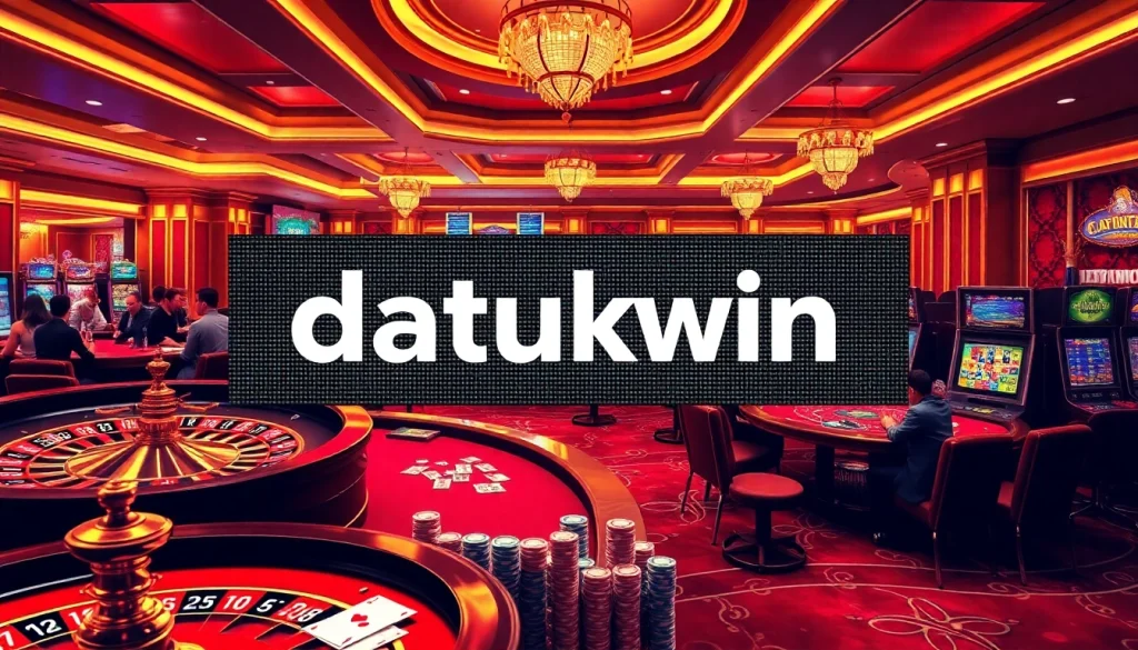 Adegan kasino yang menarik menampilkan pemain beragam, chip poker, dan branding Datukwin.