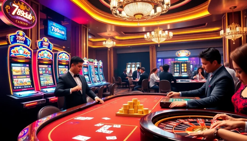 Players enjoying a thrilling game at 789club online casino with vibrant slot machines.