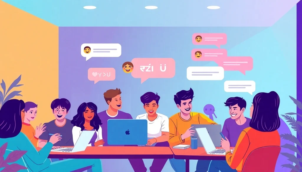 مشهد جذاب لشباب يتحدثون عبر الإنترنت، يعكس أجواء شات فله في بيئة رقمية ملونة.