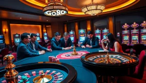 Players enjoying an exhilarating game at the GO88 casino table, surrounded by vibrant visuals.
