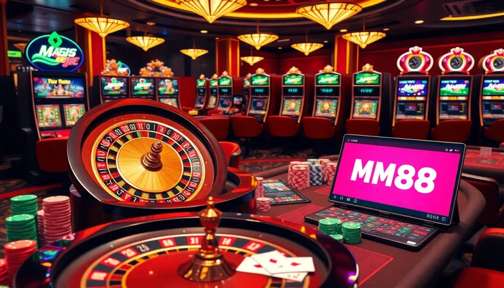 Experience the excitement of MM88 with vibrant casino elements including roulette and poker tables.