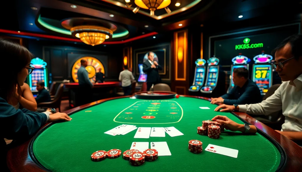 Experience the thrill of KK55.com casino with vibrant gaming tables and excited players.