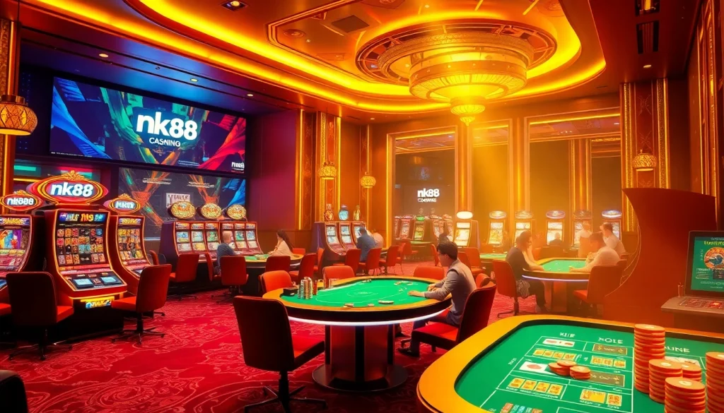 Engage in thrilling gameplay at nk88 with vibrant casino tables and colorful slot machines.