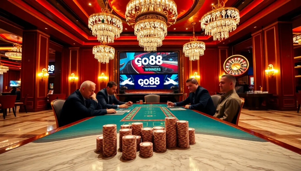 Play exciting poker at https://go88vn.id/ in a luxurious casino setting with poker chips and cards.