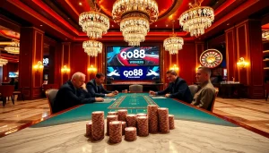 Play exciting poker at https://go88vn.id/ in a luxurious casino setting with poker chips and cards.