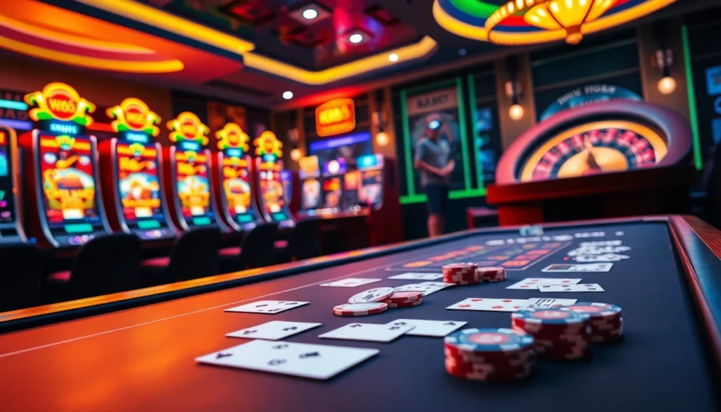 Experience the excitement of KK55 online gaming with vibrant casino visuals featuring tables, cards, and slot machines.