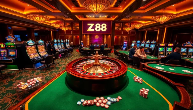 Experience ZX88 excitement with players at a vibrant casino table and roulette wheel featuring colorful chips.