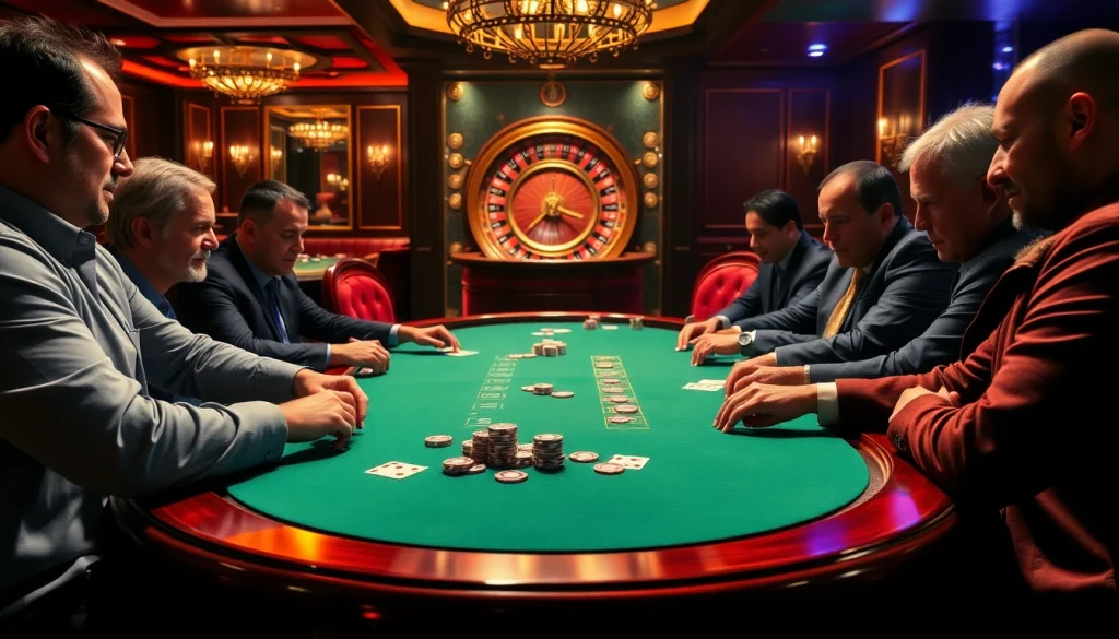 Experience thrilling gameplay at vvjl with a luxurious poker table surrounded by focused gamblers.