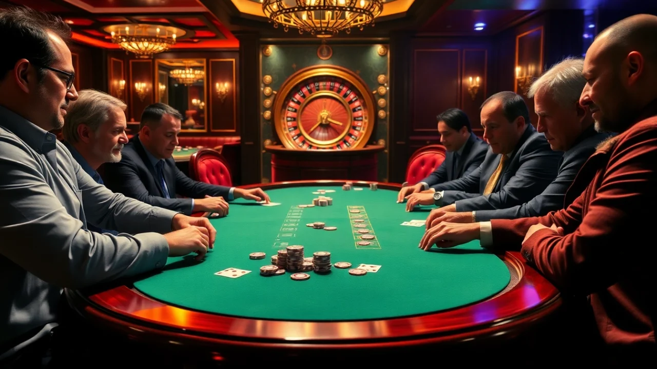 Experience thrilling gameplay at vvjl with a luxurious poker table surrounded by focused gamblers.