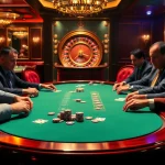 Experience thrilling gameplay at vvjl with a luxurious poker table surrounded by focused gamblers.