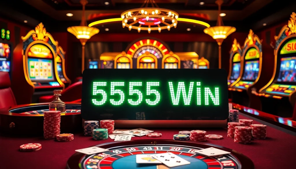 Experience the thrill of the 555 win at a luxurious casino table filled with vibrant chips and cards.
