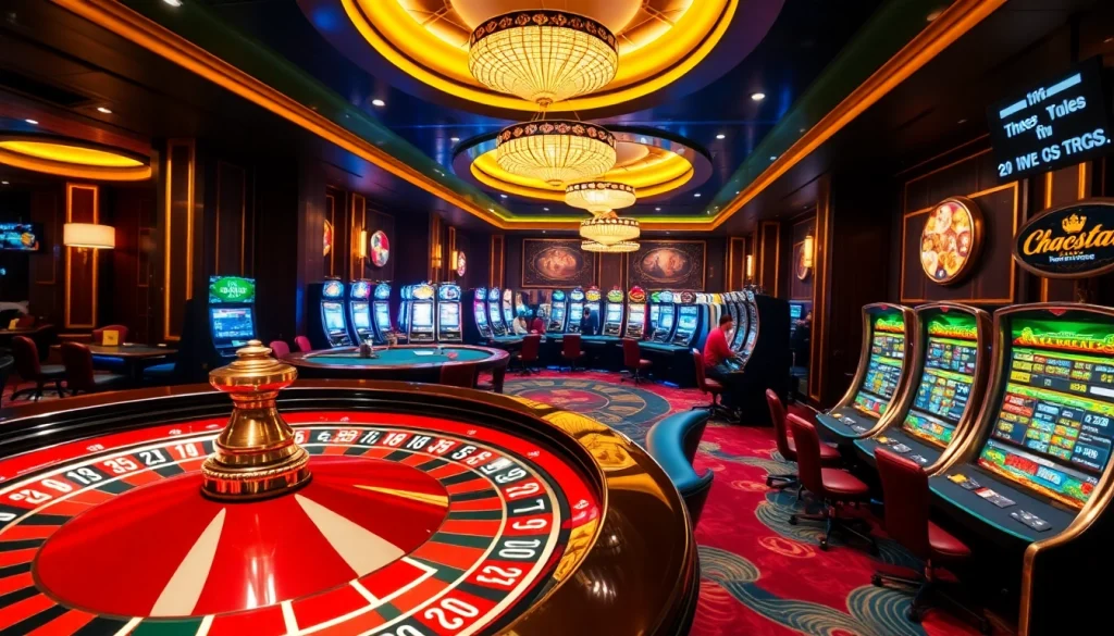 Engage with thrilling casino action at link nohu90 featuring a vibrant roulette wheel and players at card tables.