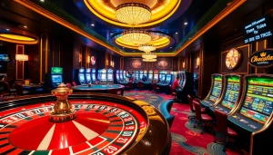 Engage with thrilling casino action at link nohu90 featuring a vibrant roulette wheel and players at card tables.