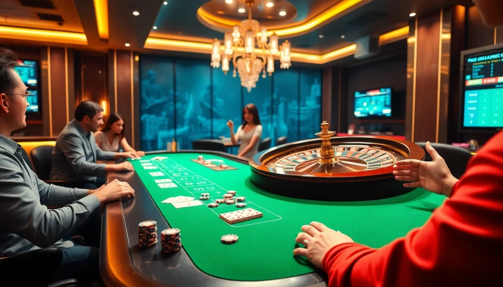 PHTAYA players celebrating a winning hand at a vibrant casino table with luxurious decor.