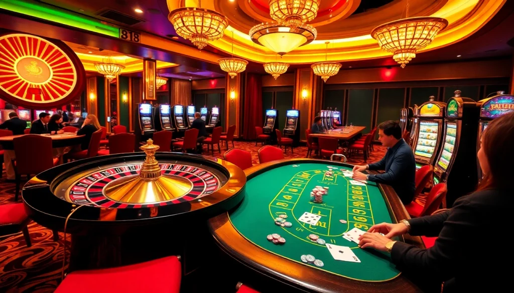 Experience the thrill of FLY88 at a vibrant casino with poker tables and roulette wheels.