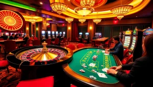 Experience the thrill of FLY88 at a vibrant casino with poker tables and roulette wheels.