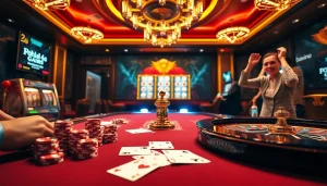 Pahala4d table action with luxurious poker chips, cards, and roulette wheel in a vibrant casino scene.