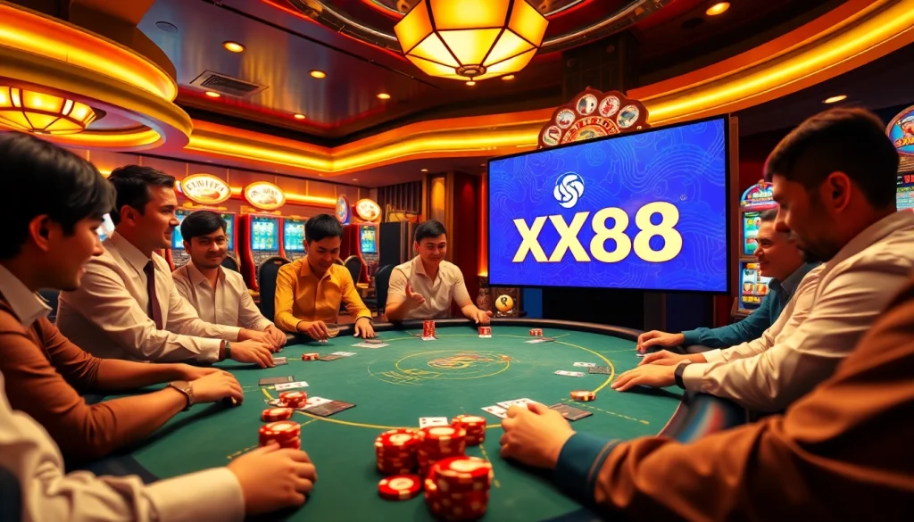 Players celebrating a win at the luxurious XX88 casino featuring poker chips and cards.