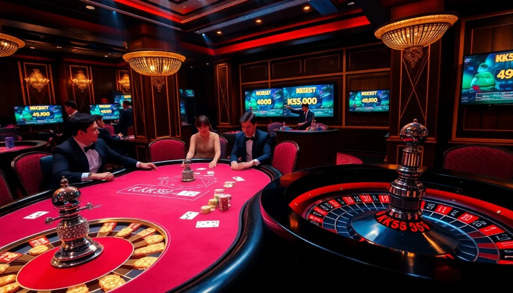 Experience the thrill of gambling at KK55.com with a luxurious casino scene featuring poker and roulette.