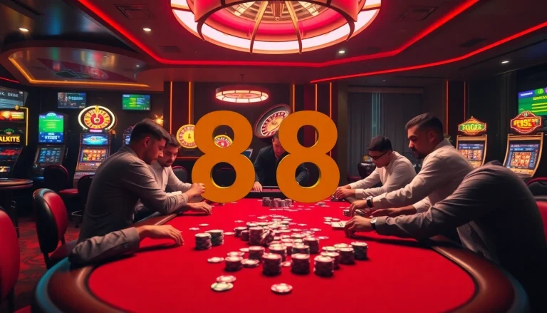 Experience the thrill of 88i with players at a lively poker table and vibrant casino atmosphere.