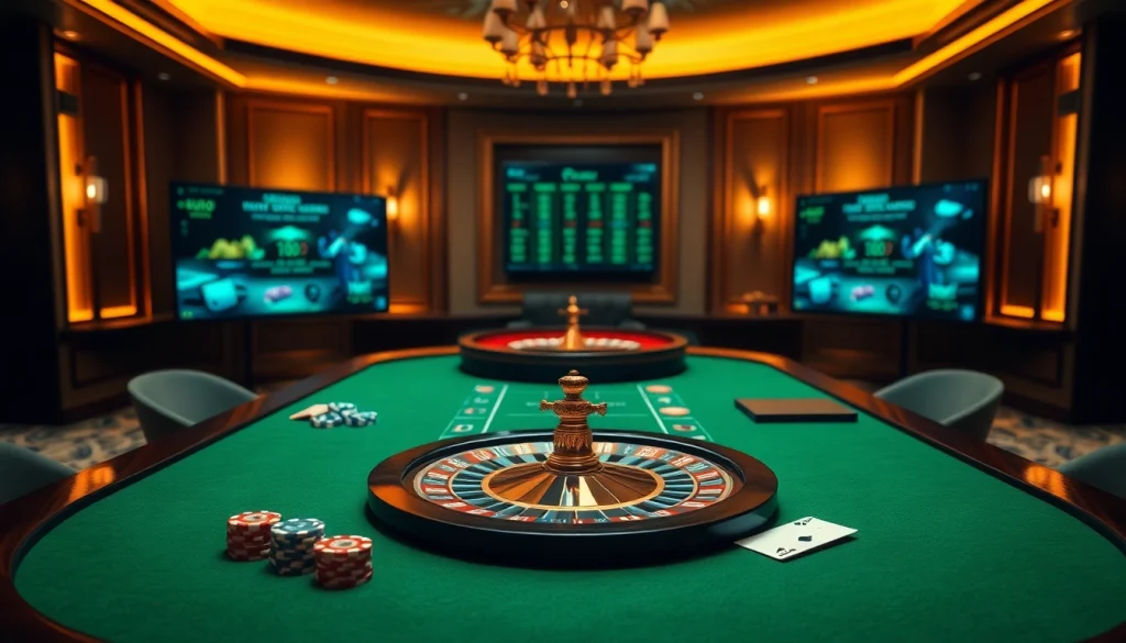 Sparking excitement at the mmoo giải trí online, with a luxurious poker and roulette setup.