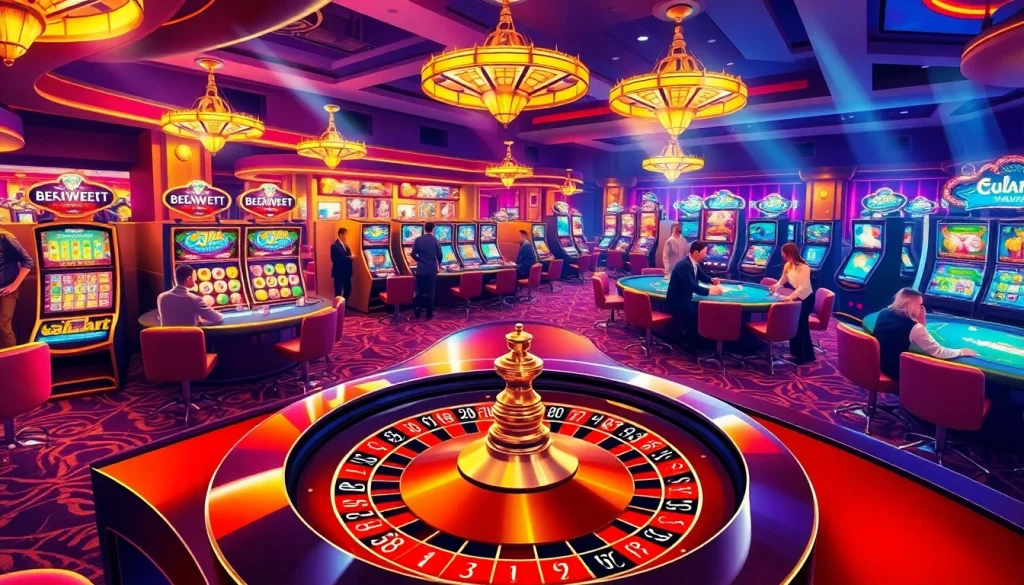 Players enjoying an elegant casino experience at betbdt.art, with dynamic roulette and slot machines.