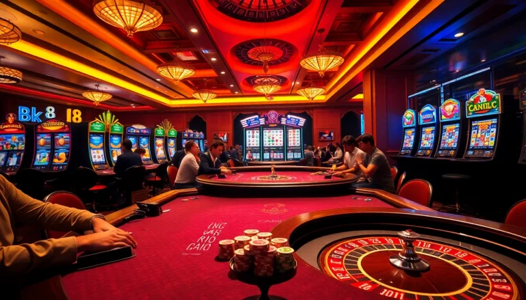 Engaging players enjoying games at BK8 เว็บตรง casino with vibrant tables and slot machines.