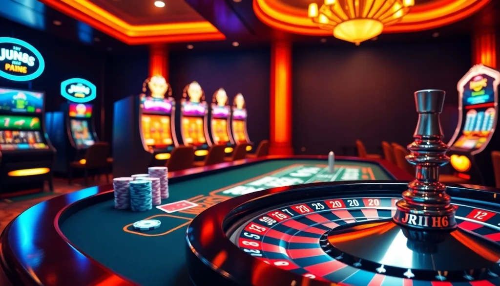 Experience the thrill of Jun88 casino gaming with vibrant tables, chips, and exciting slot machines.