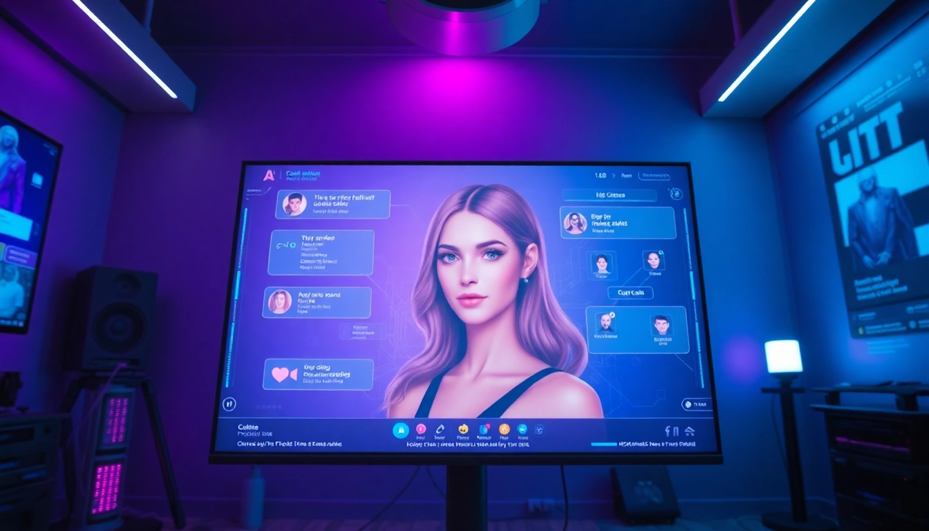 AI NSFW chat interface featuring a vibrant, interactive digital character in a moody setting.