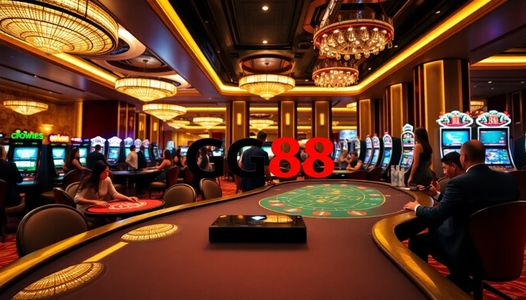 Experience the excitement at GG88's luxurious casino tables filled with players and vibrant games.