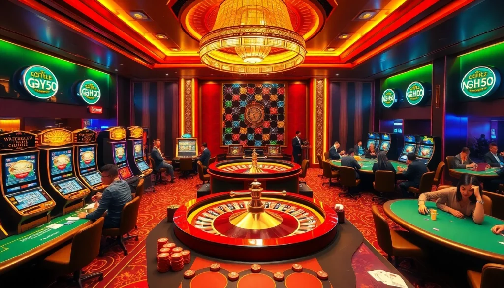 Players enjoying their chance at winning big at NOHU90 with vibrant casino games and slot machines