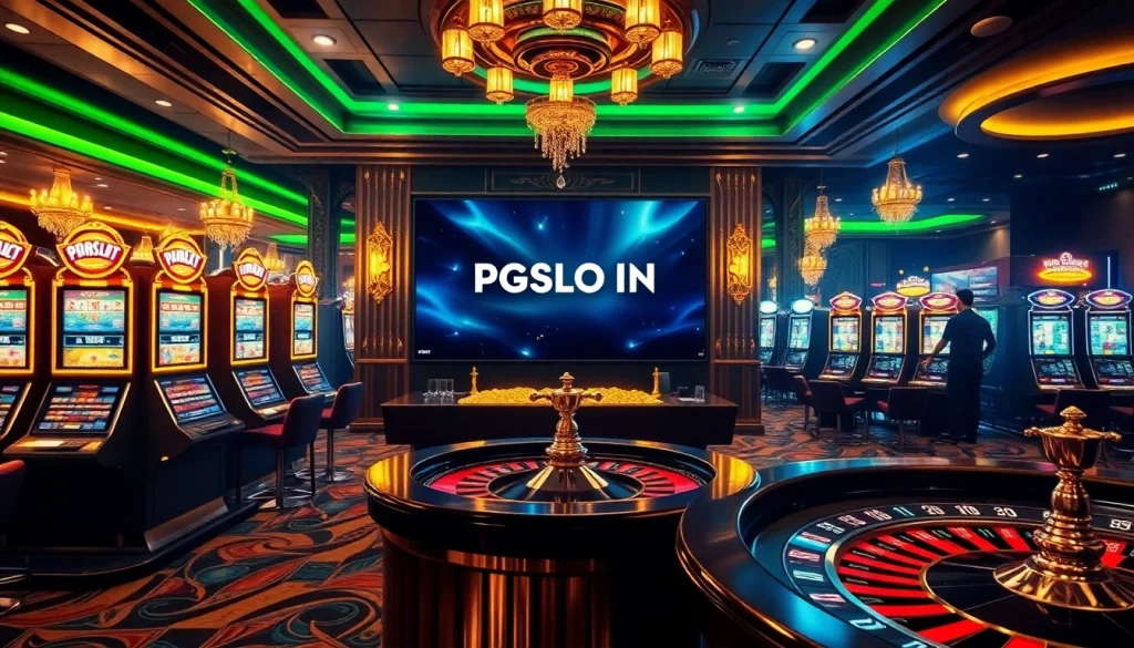 Engaged players enjoying PGSLOT IN at dynamic casino tables with vibrant slot machines.