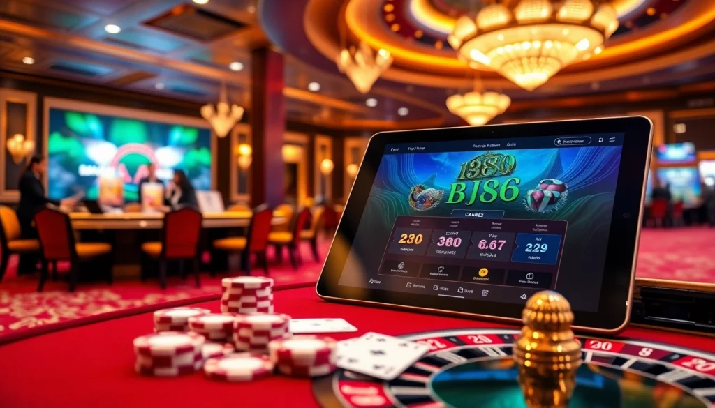 Experience the thrill of BJ388 with vibrant casino tables and online betting interface.