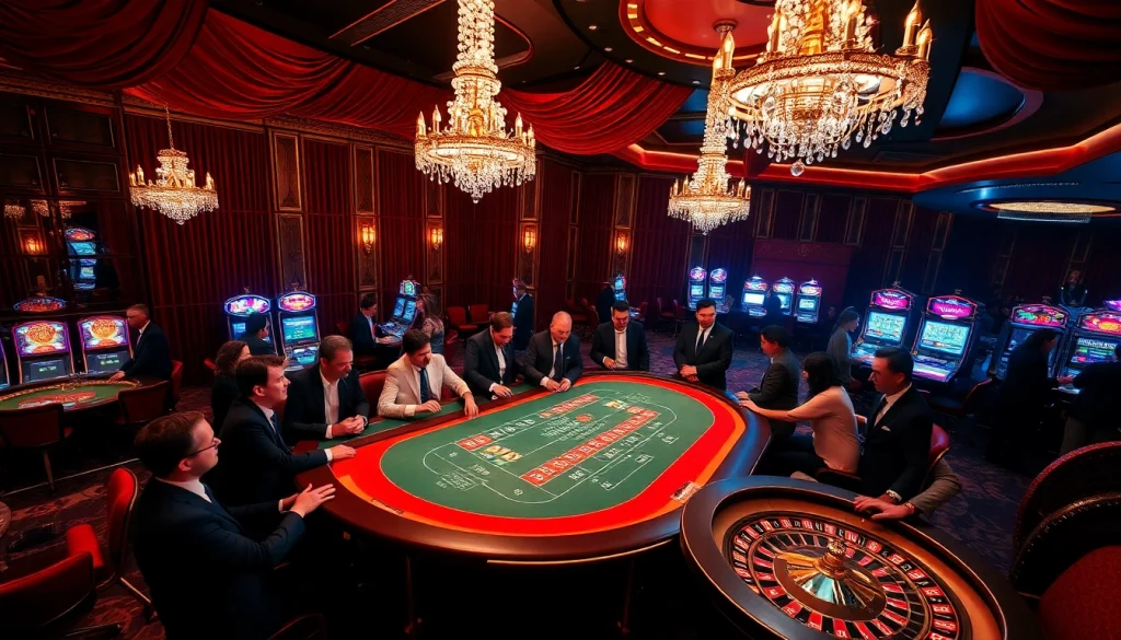 Experience high-stakes play at the u 888 gaming table amidst LED-lit slot machines and vibrant atmosphere.