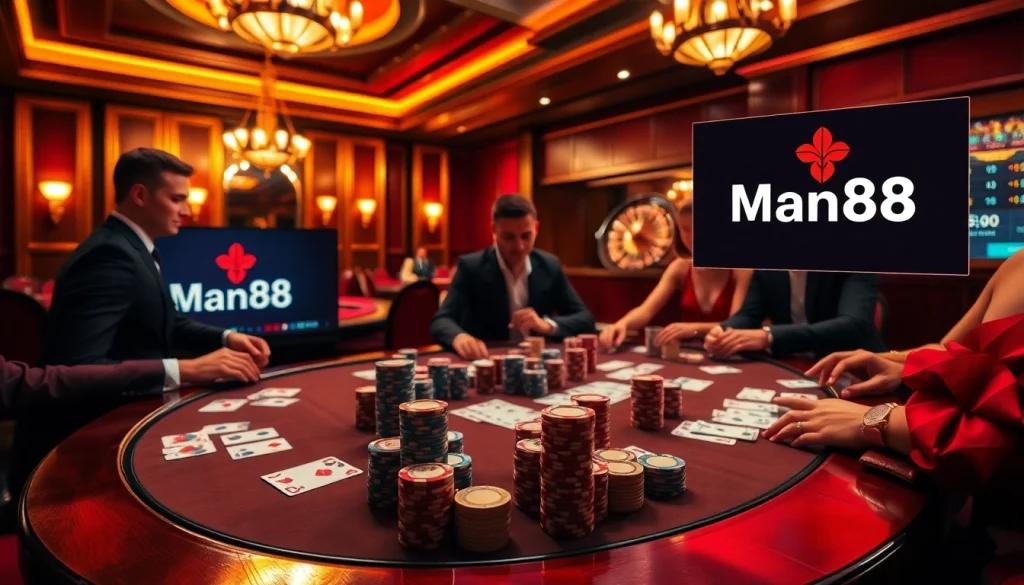 Players engaging in high-stakes poker at Man88 casino, showcasing excitement and luxury.