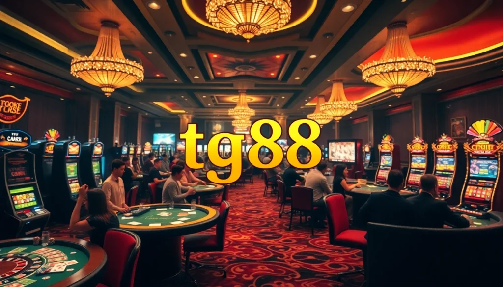Players engaging in exhilarating games at tg88 casino, featuring cards, chips, and slot machines.