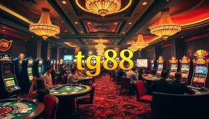 Players engaging in exhilarating games at tg88 casino, featuring cards, chips, and slot machines.