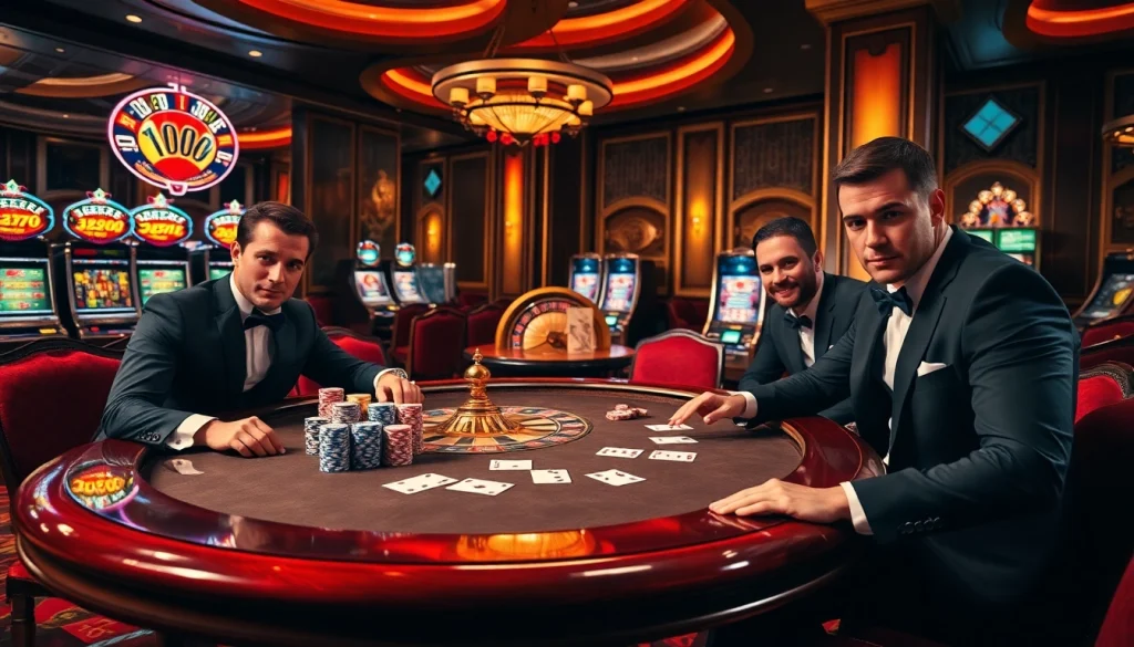 Engaging poker game at a luxurious casino, showcasing action on https://23wini.online with vibrant colors.