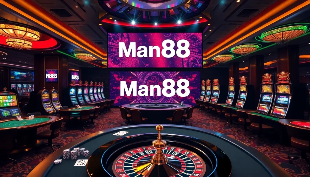Man88 vibrant casino scene with poker tables, slot machines, and roulette wheel.