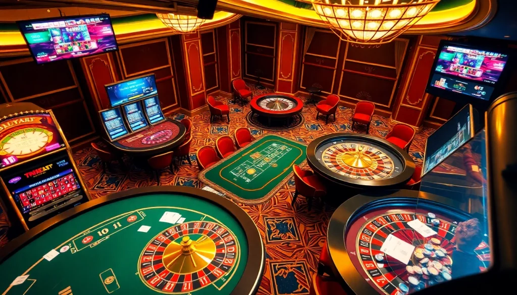 Bancadoithuong brings excitement to life with a luxurious casino gaming scene featuring poker, roulette, and vibrant slot machines.