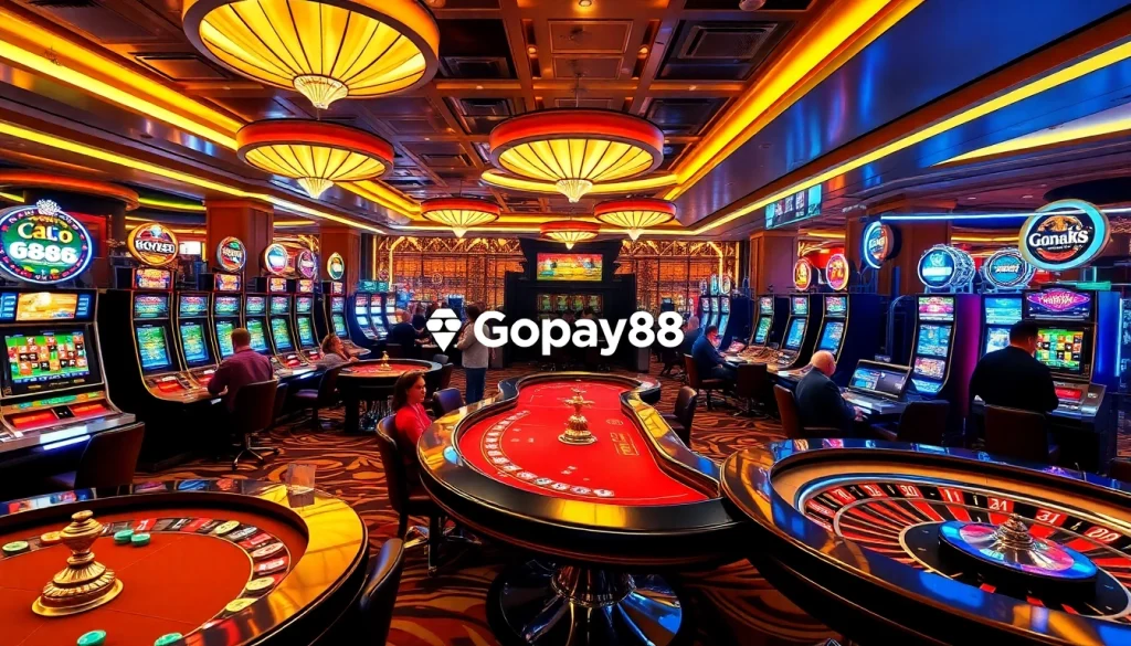 Players enjoying the exciting gaming experience at Gopay88 casino with vibrant slots and cards.