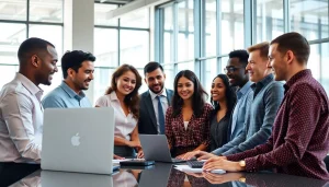 Showcasing an AI integration service provider team collaborating in a modern office.