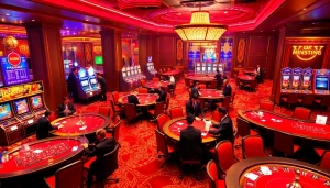 Excited players enjoying games at nh88 casino tables with vibrant slot machines and roulette wheels.